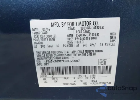 2016 Ford Explorer Xlt из США, поврежденный, VIN 1FM5K8D87GGD20007